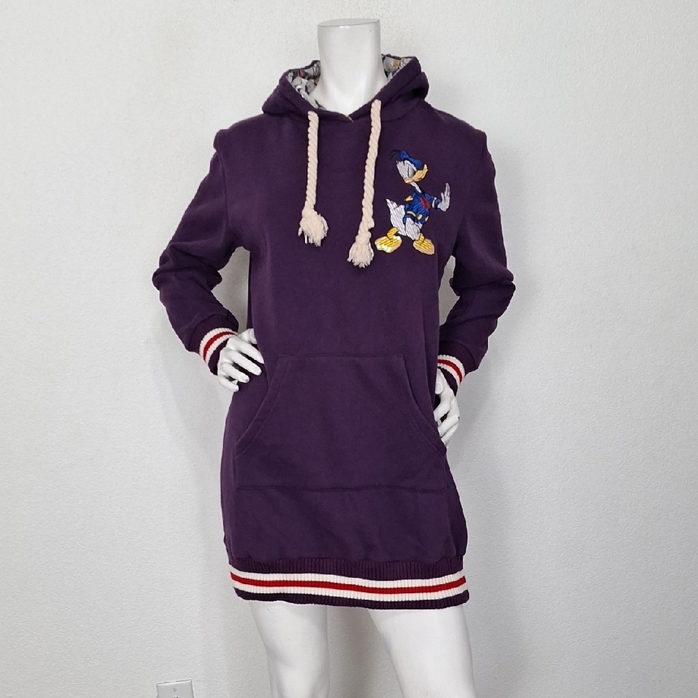 Donald Duck Purple Graphic Long Sleeve Cartoon Pullover Hoodie Mini Dress Size L
